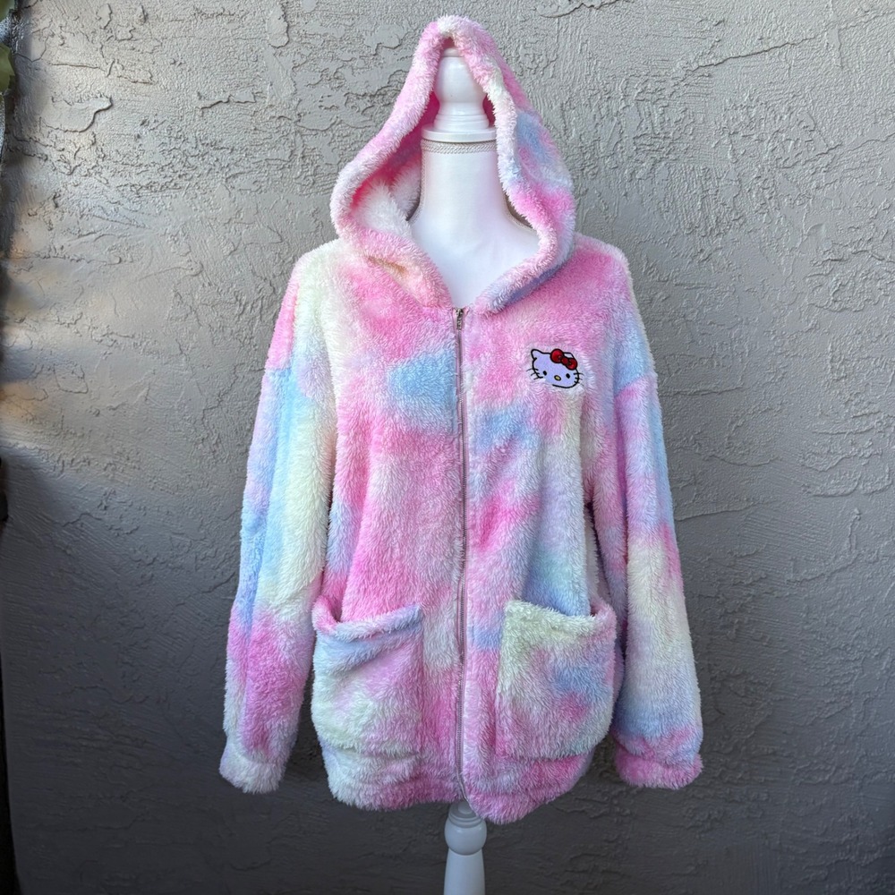 SHEIN Hello Kitty Tie Dye Fuzzy Fleece‎ Hooded Jacket, Full Zip Up, Pink Blue